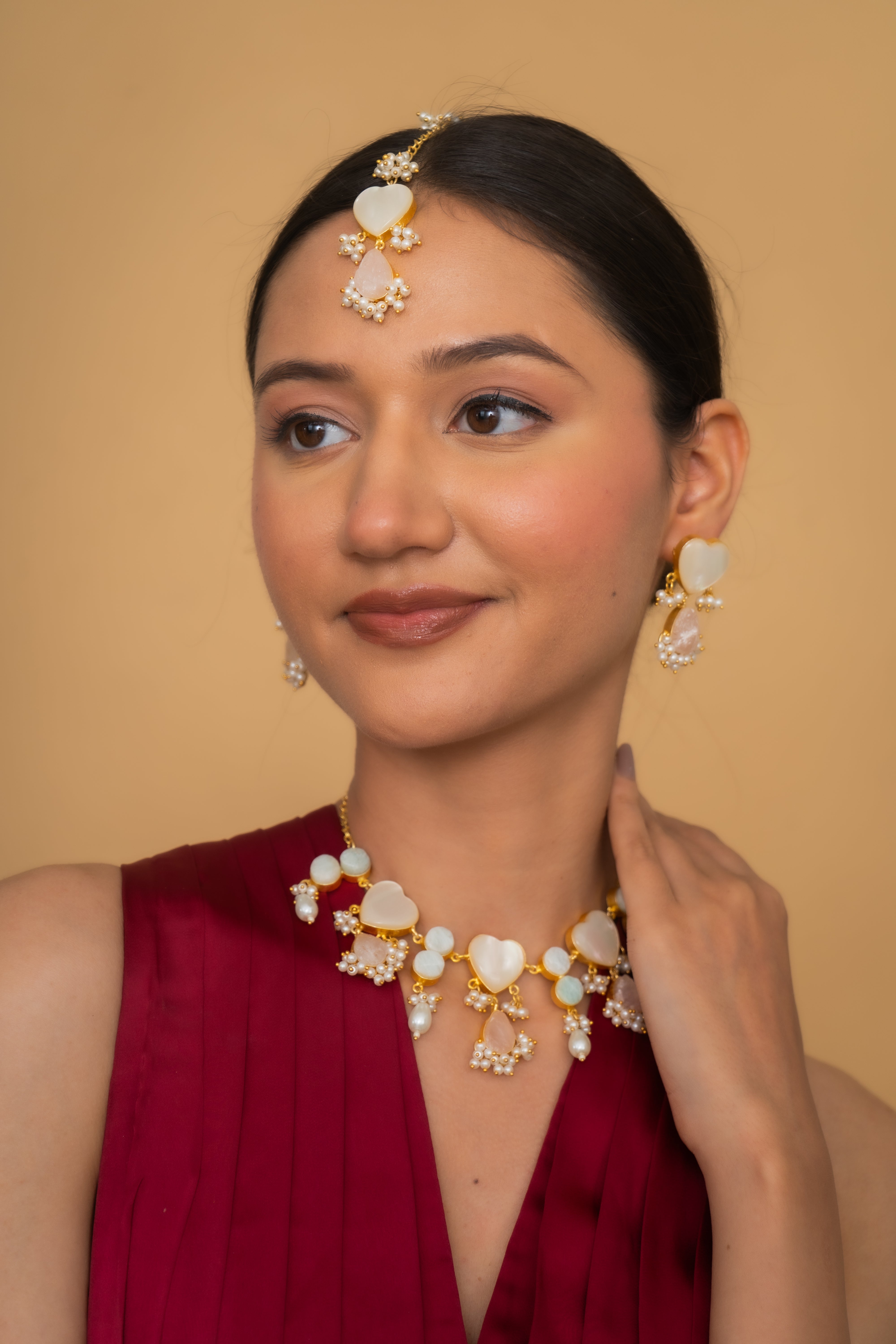 HEART PINK GLASS NECKLACE SET