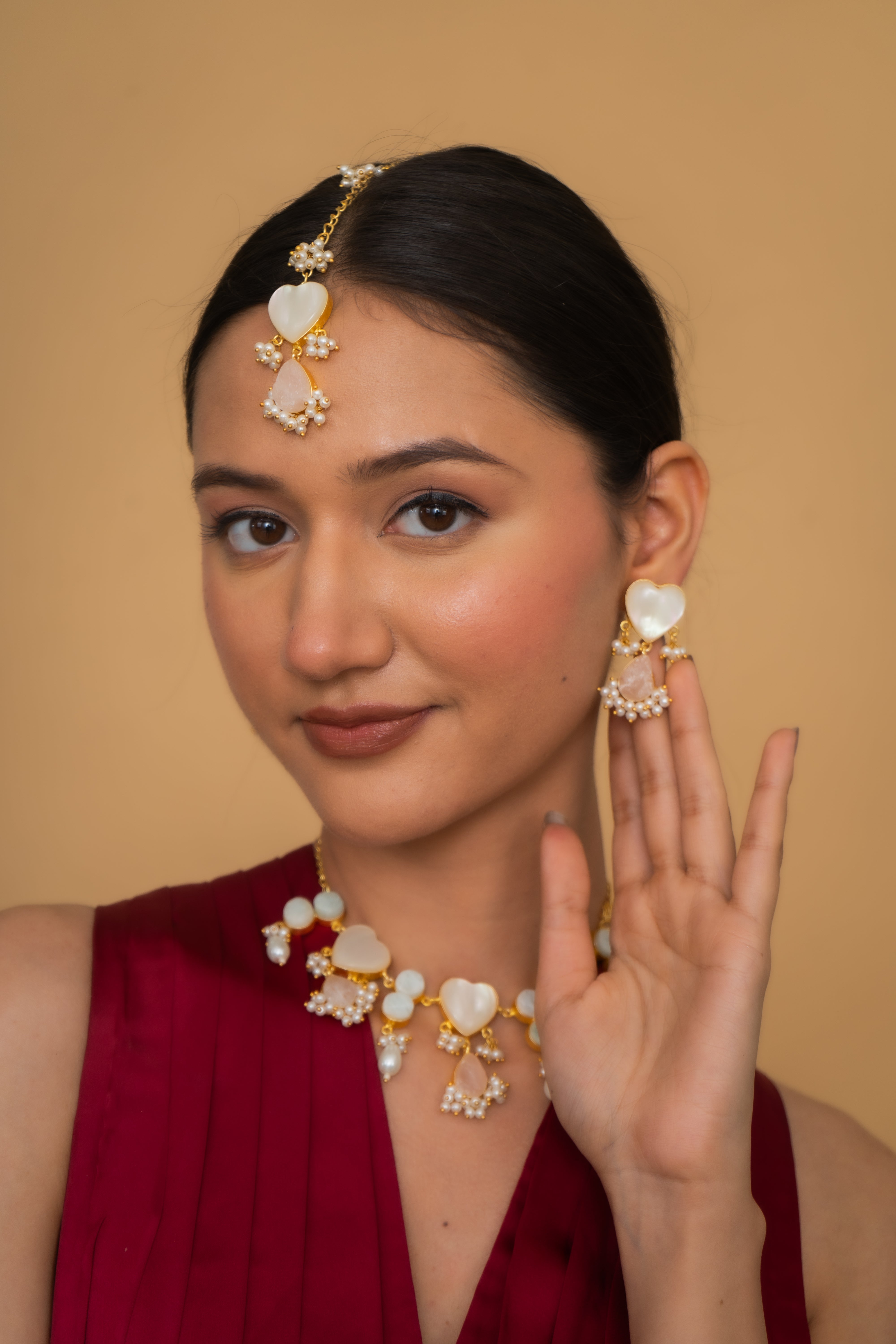 HEART PINK GLASS NECKLACE SET