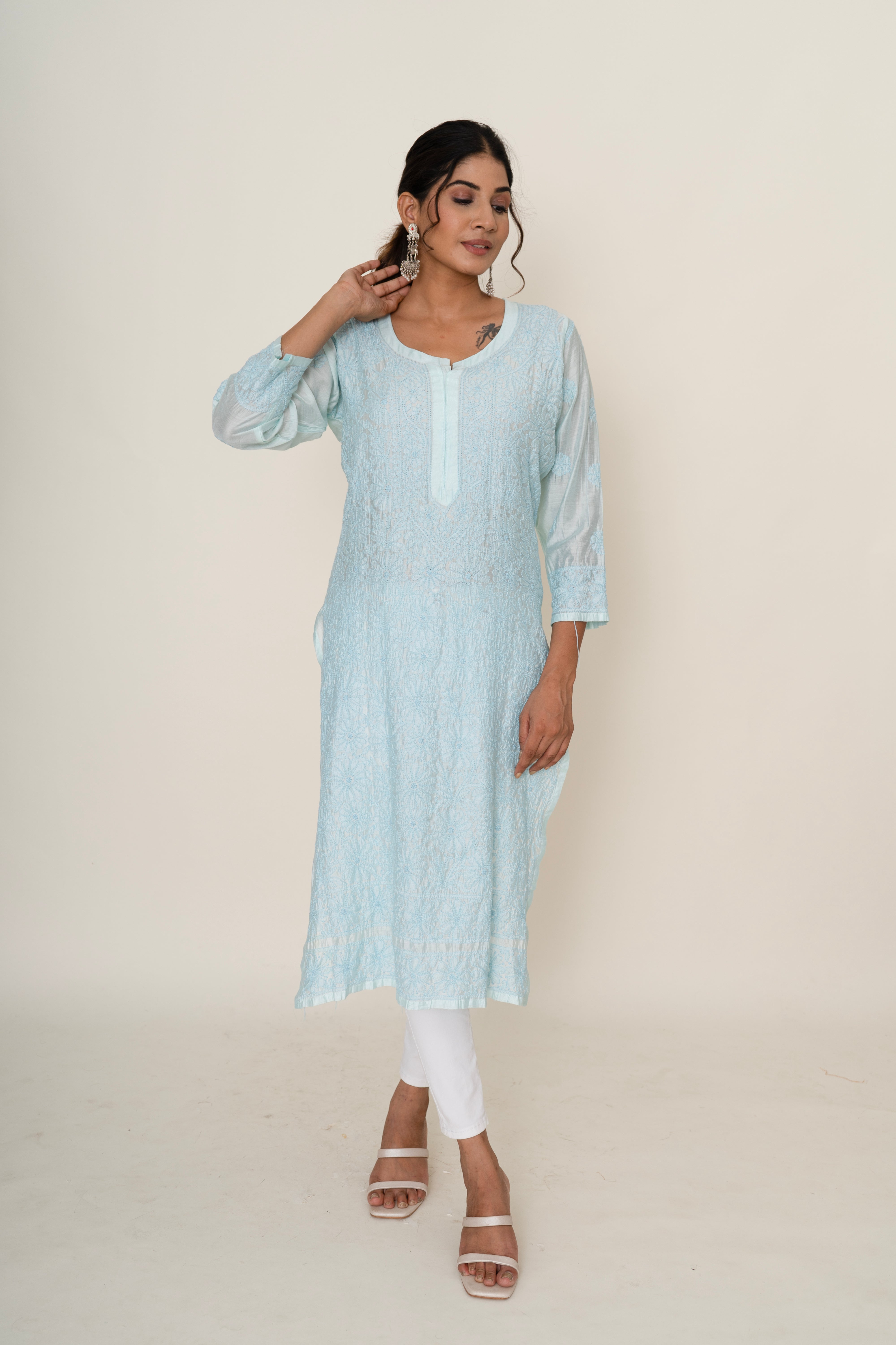 Light Blue chikankari long kurta