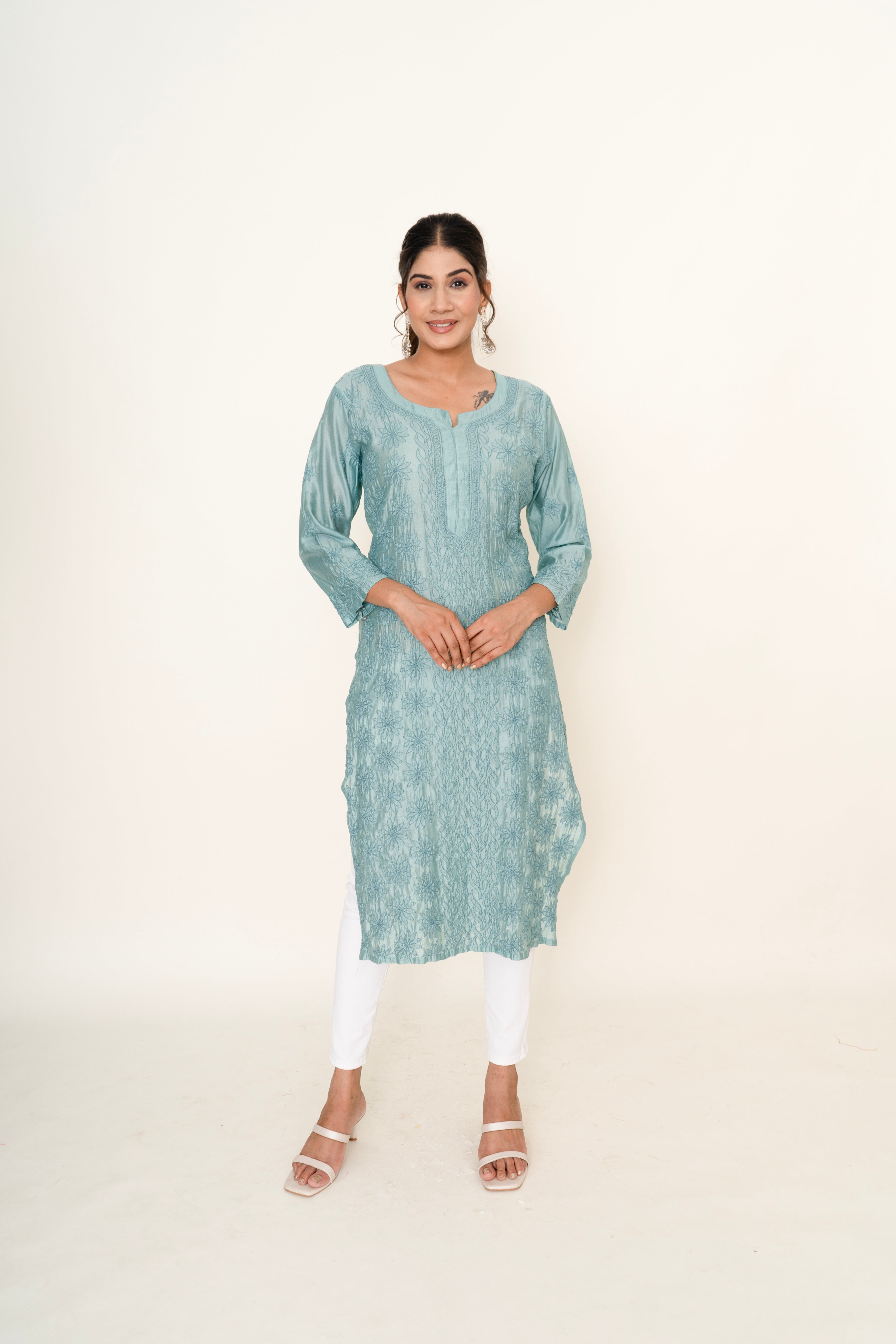 Blue chikankari long kurta