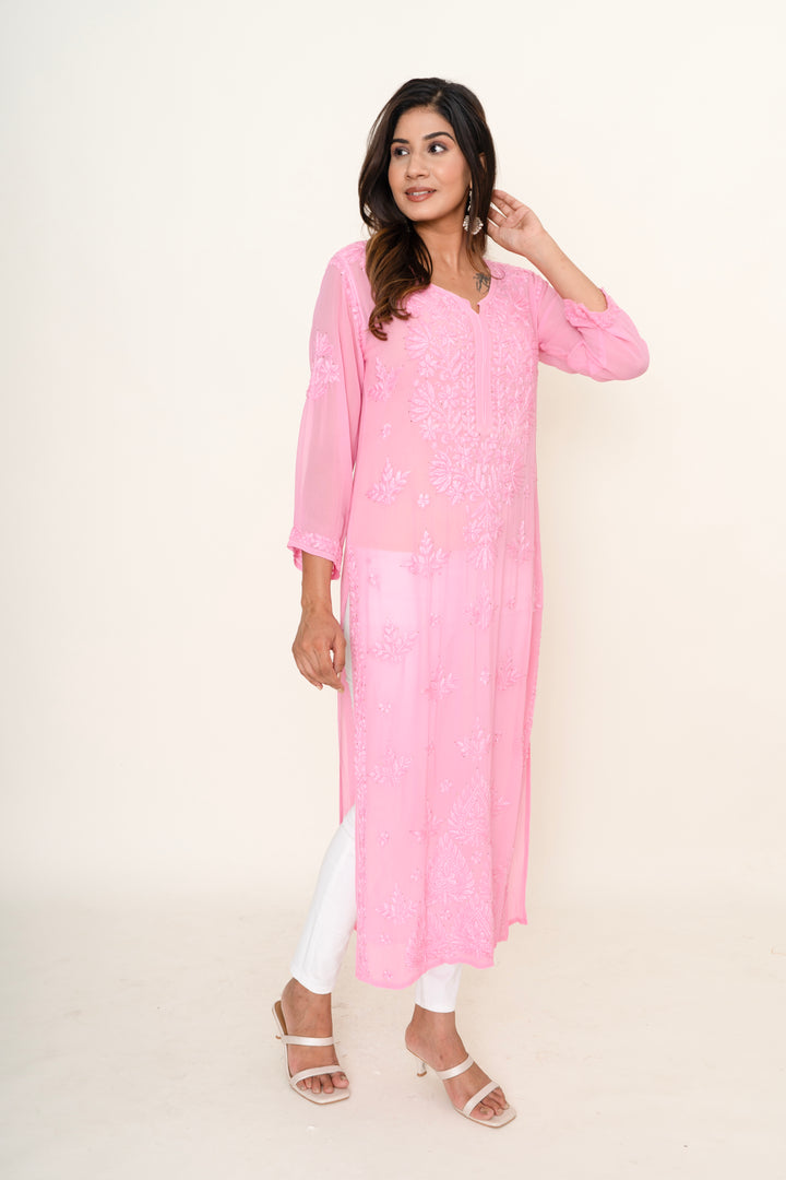 Pink chikankari long kurta