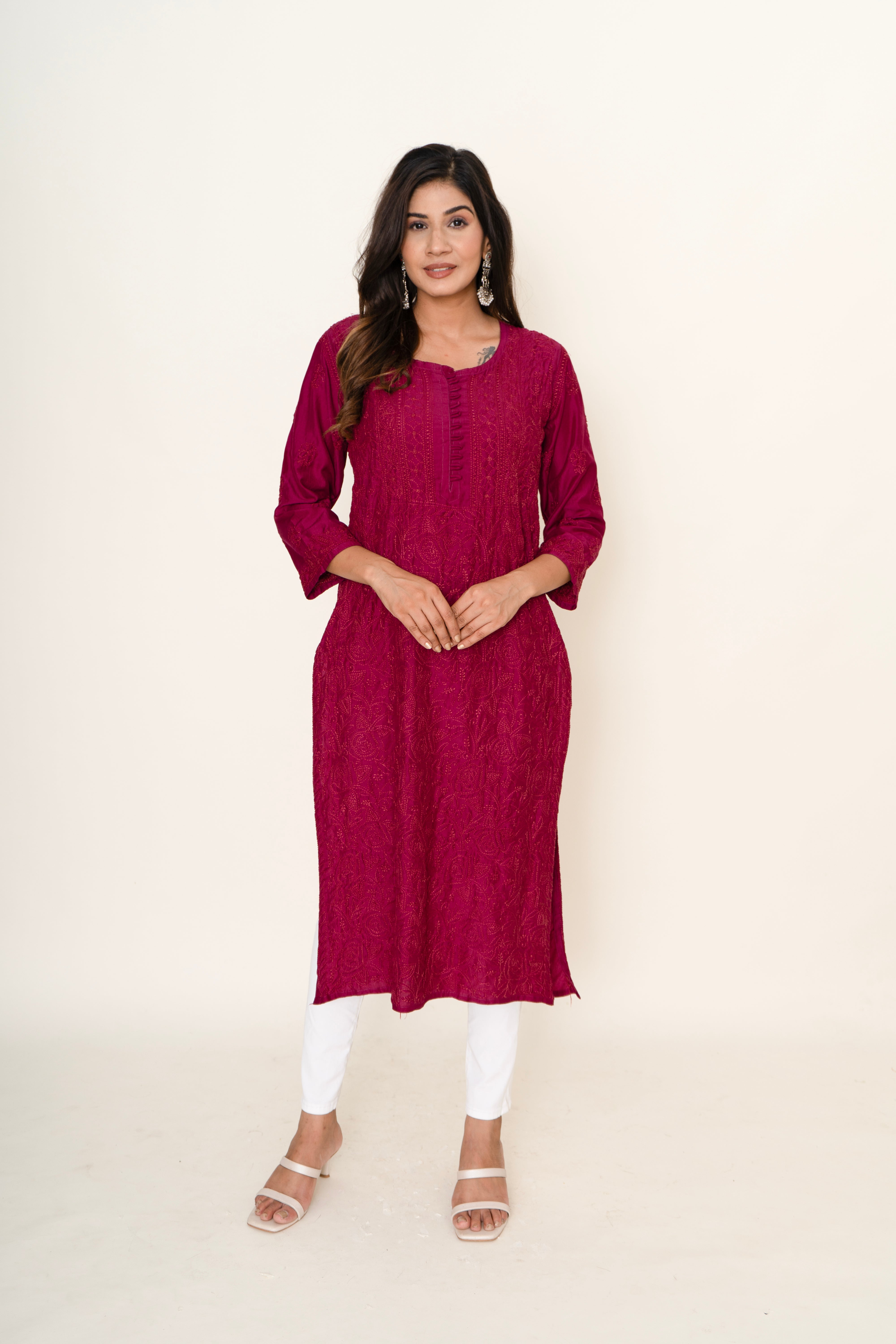 Wine chikankari long kurta