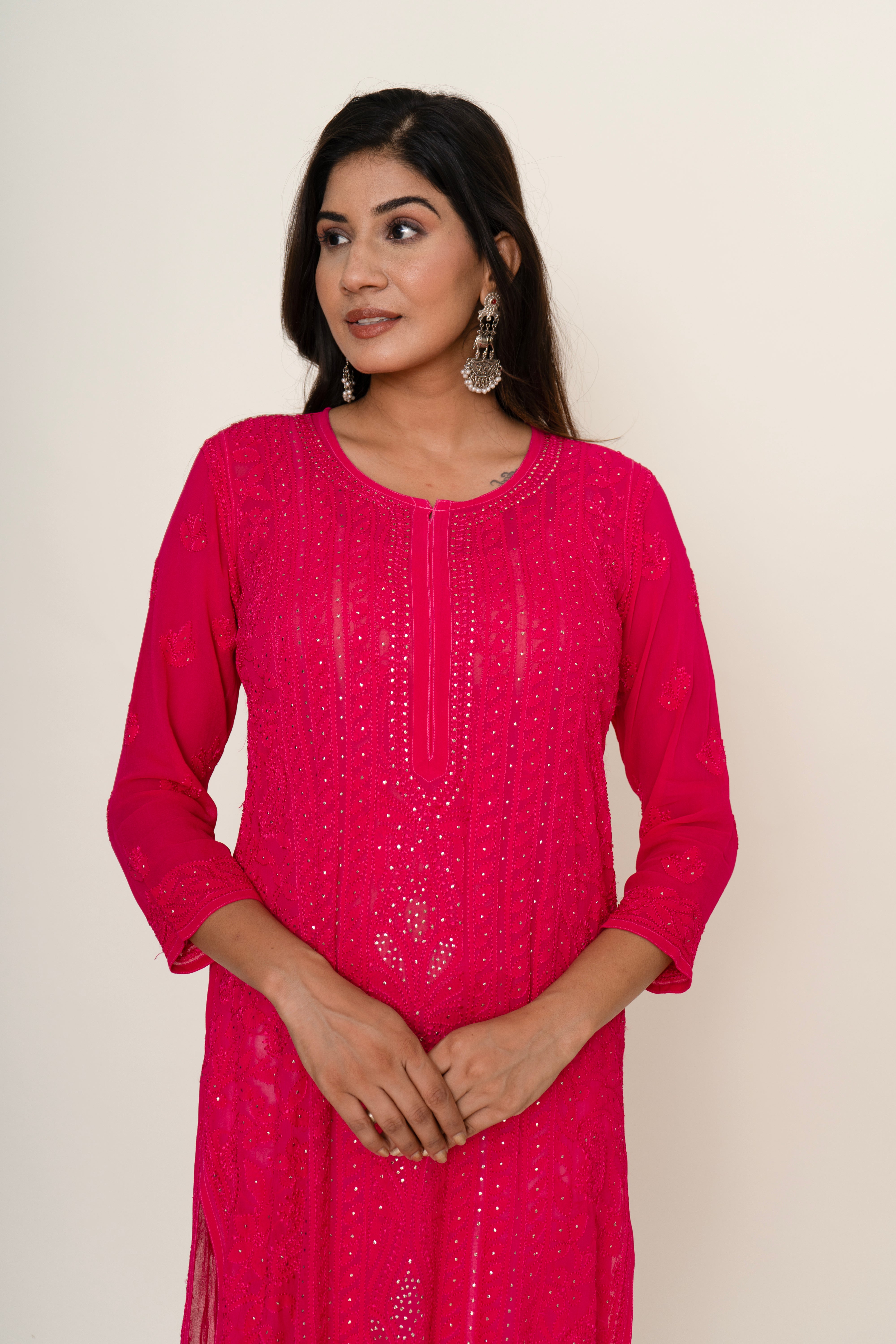 Magenta pink chikankari longkurta