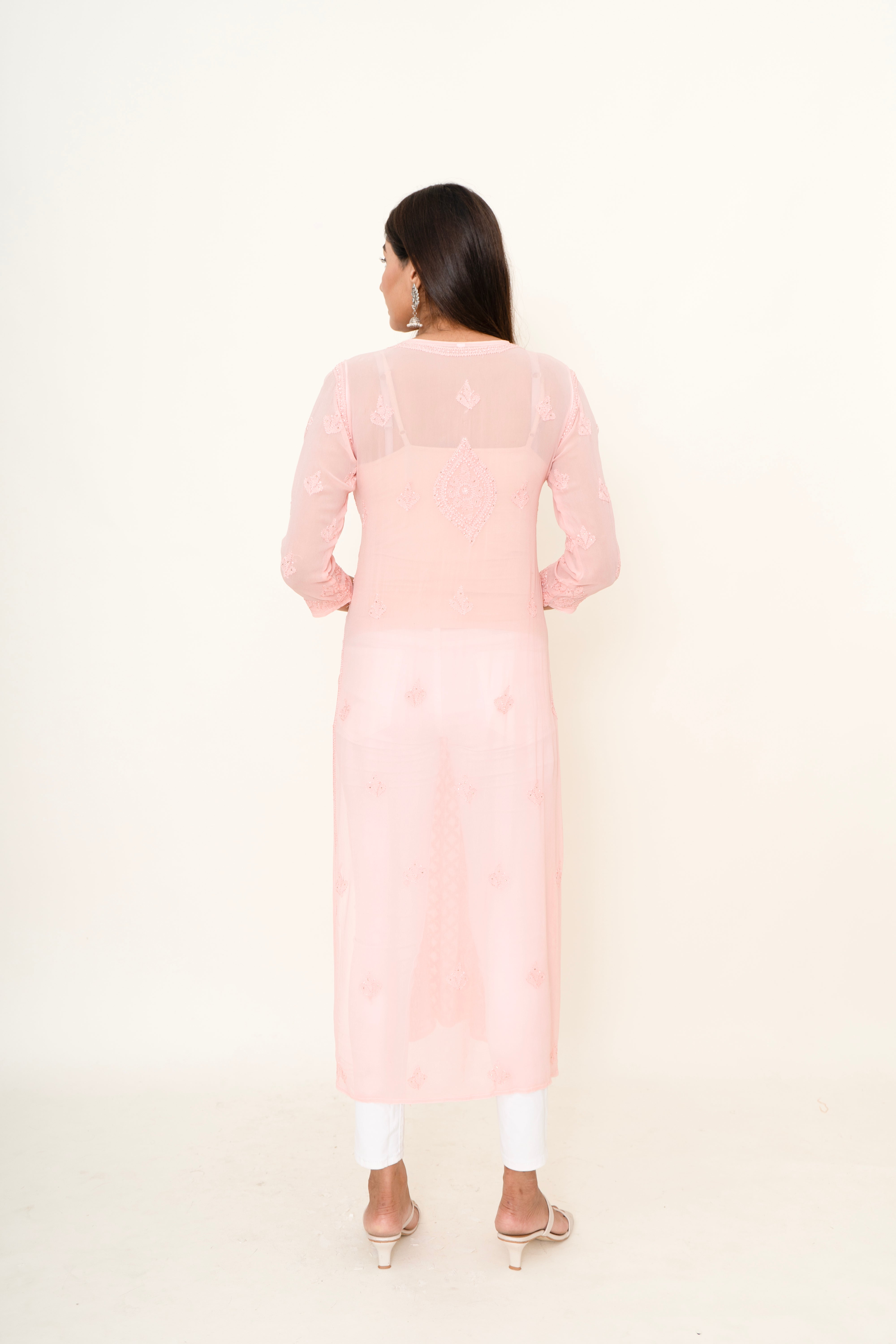Baby pink Chikankari long kurta