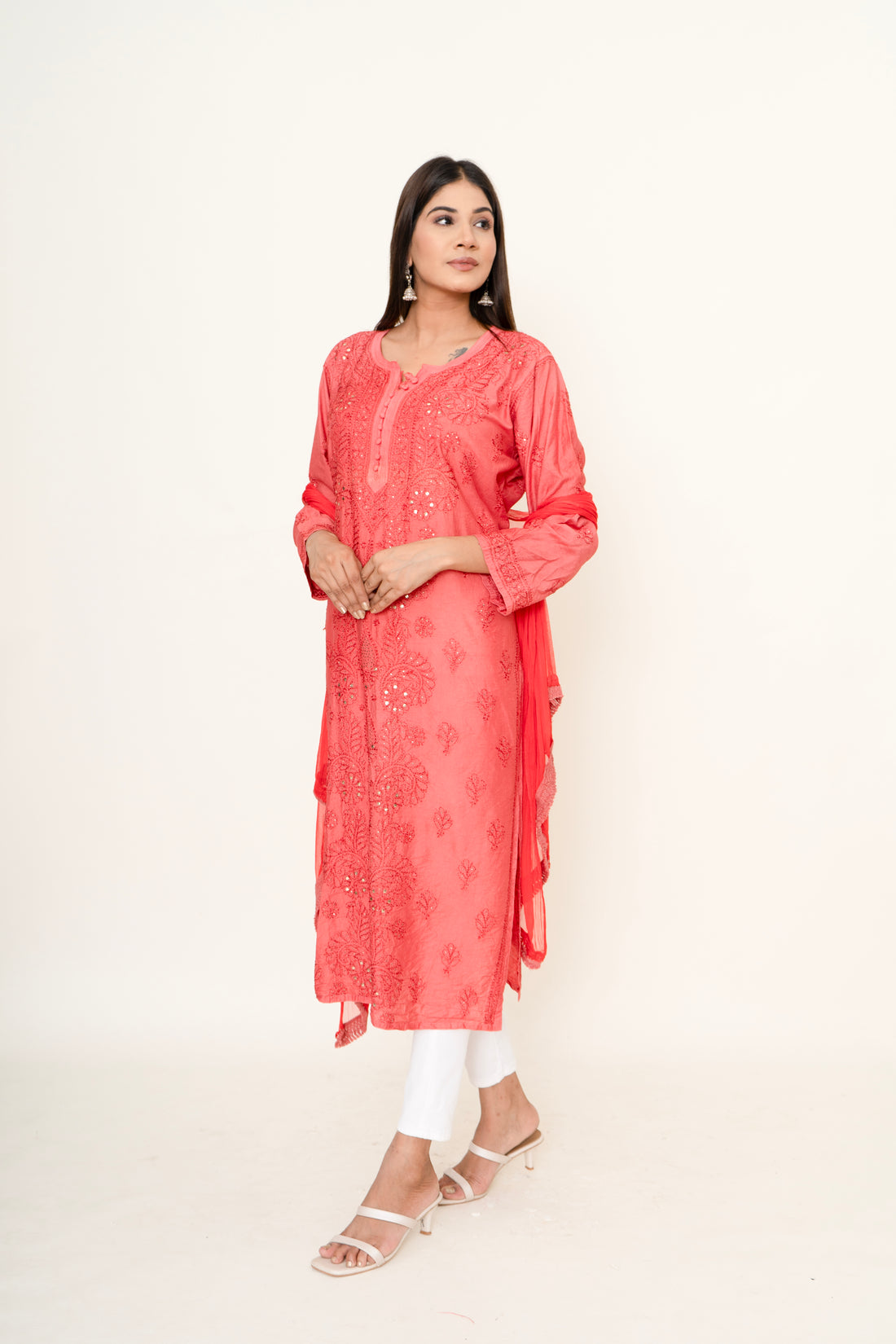 Red chikankari kurta set