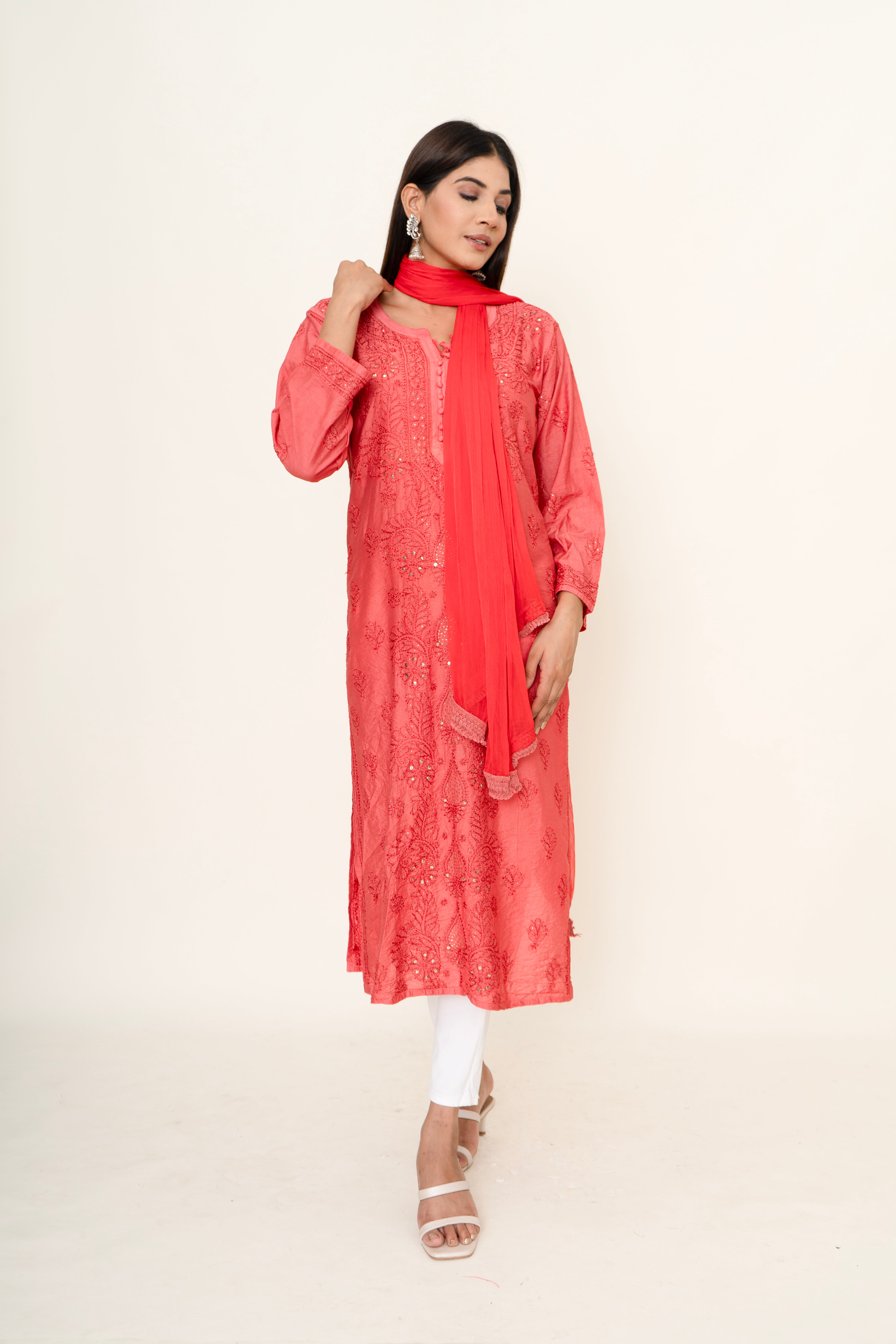 Red chikankari kurta set