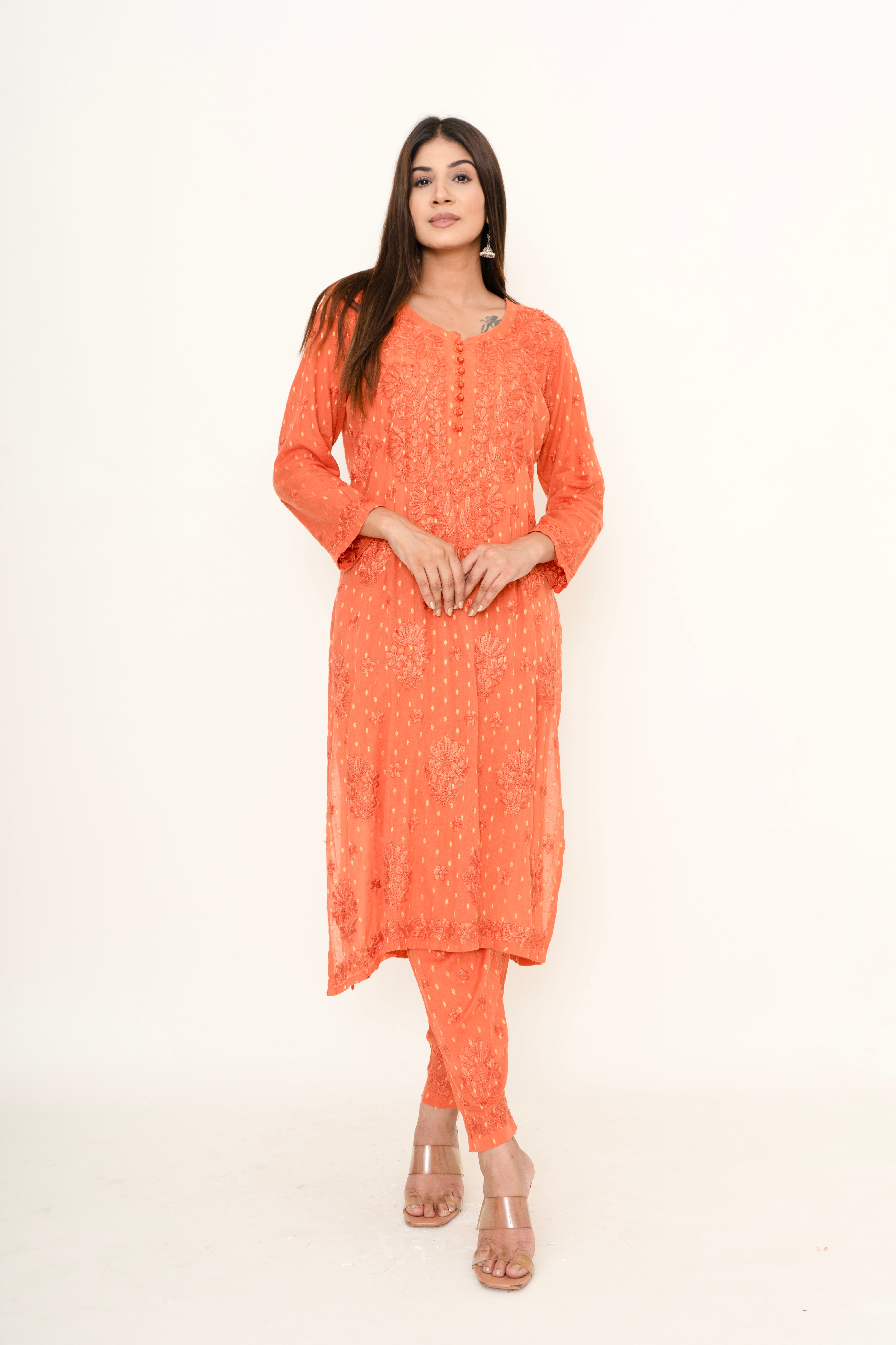 Orange chikankari co-ord set