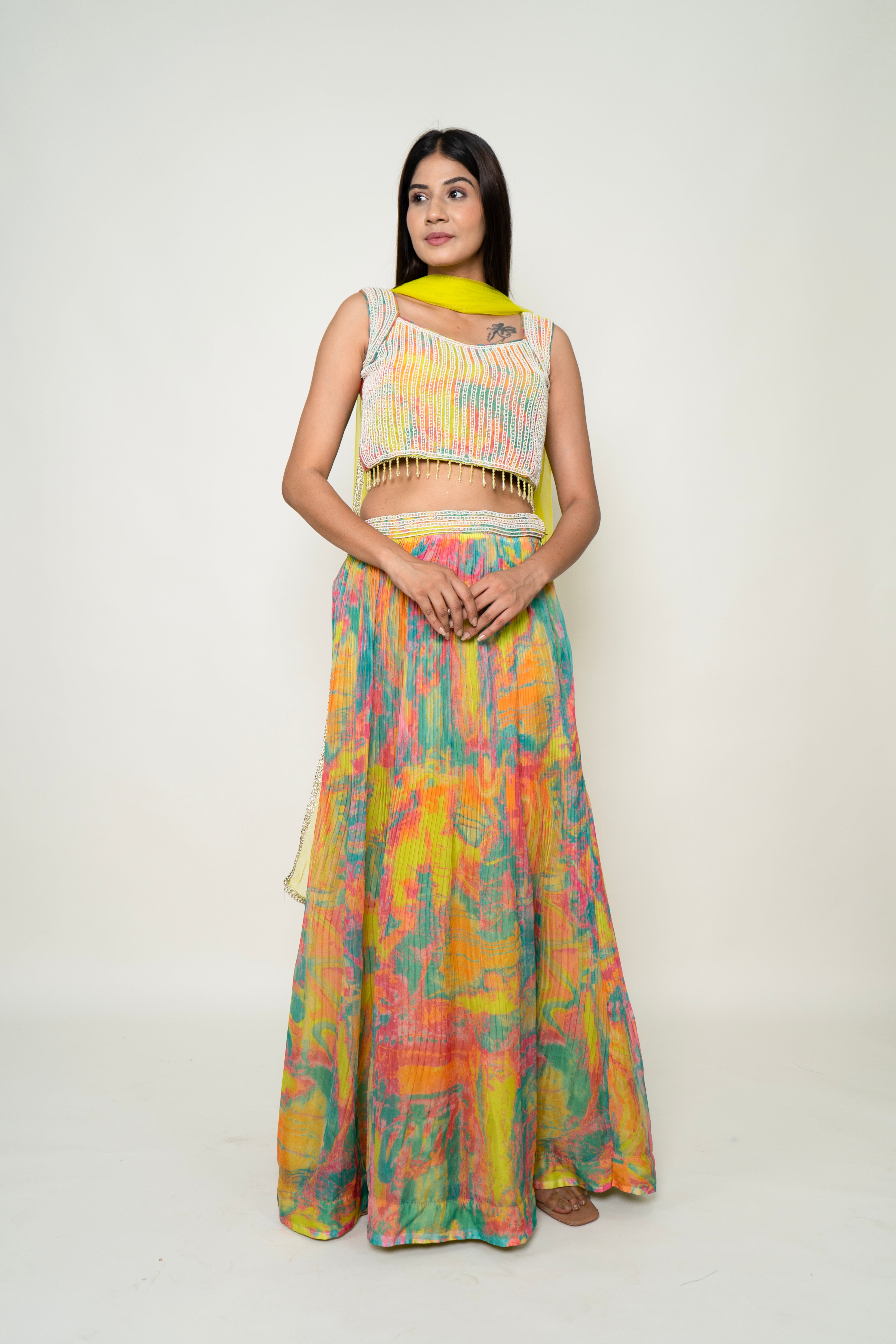 Yellow digital print Skirt With Blouse