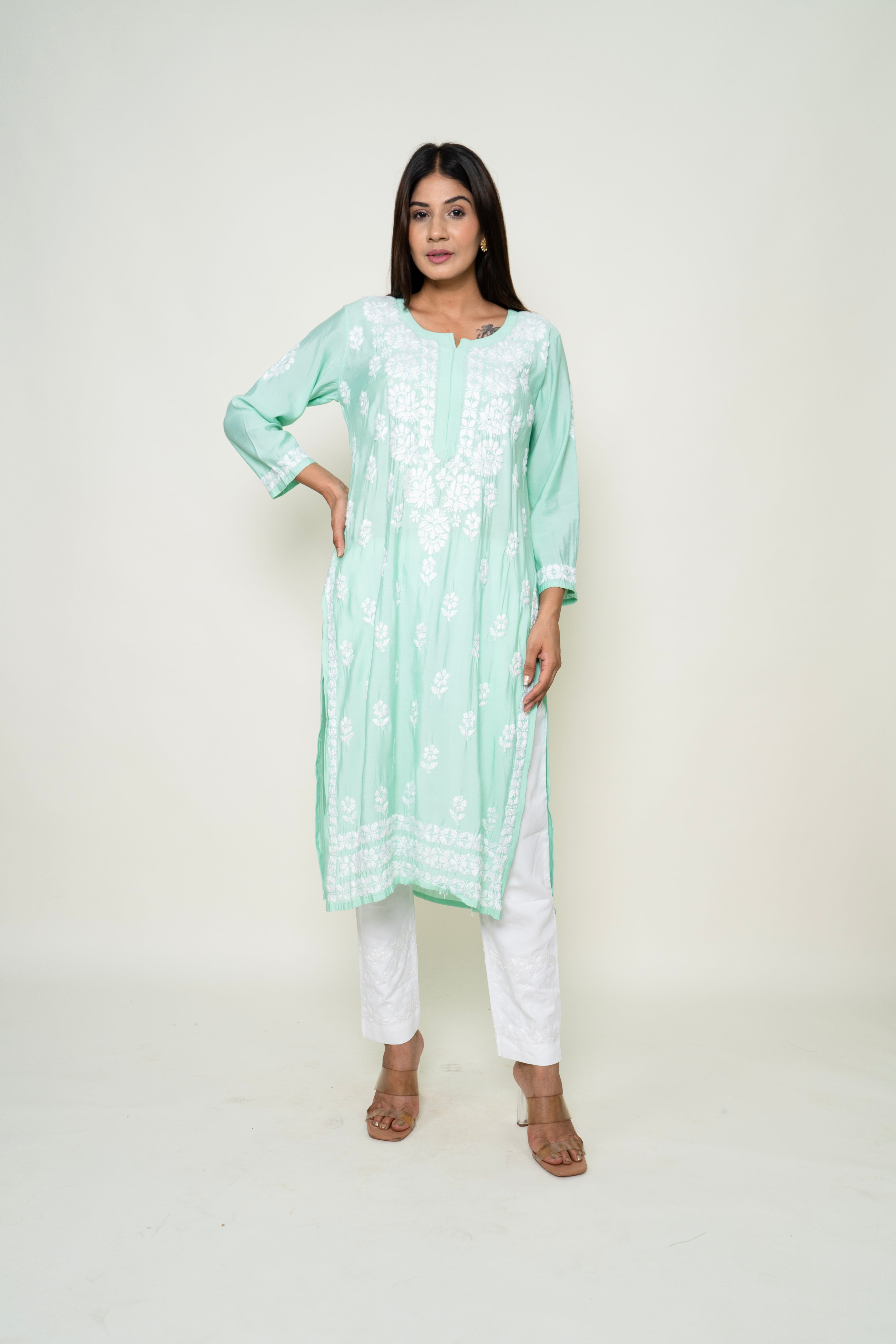 teel green chikankari kurta