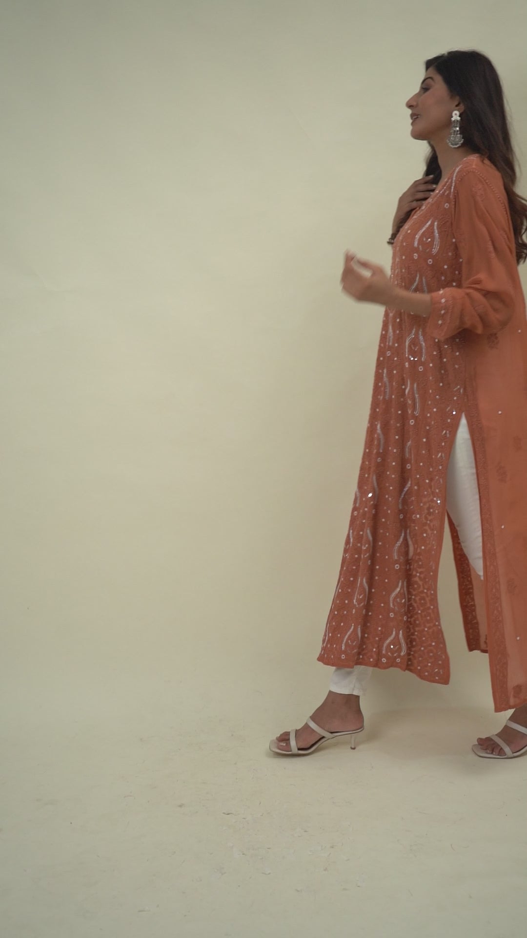 Orange chikankari long kurta