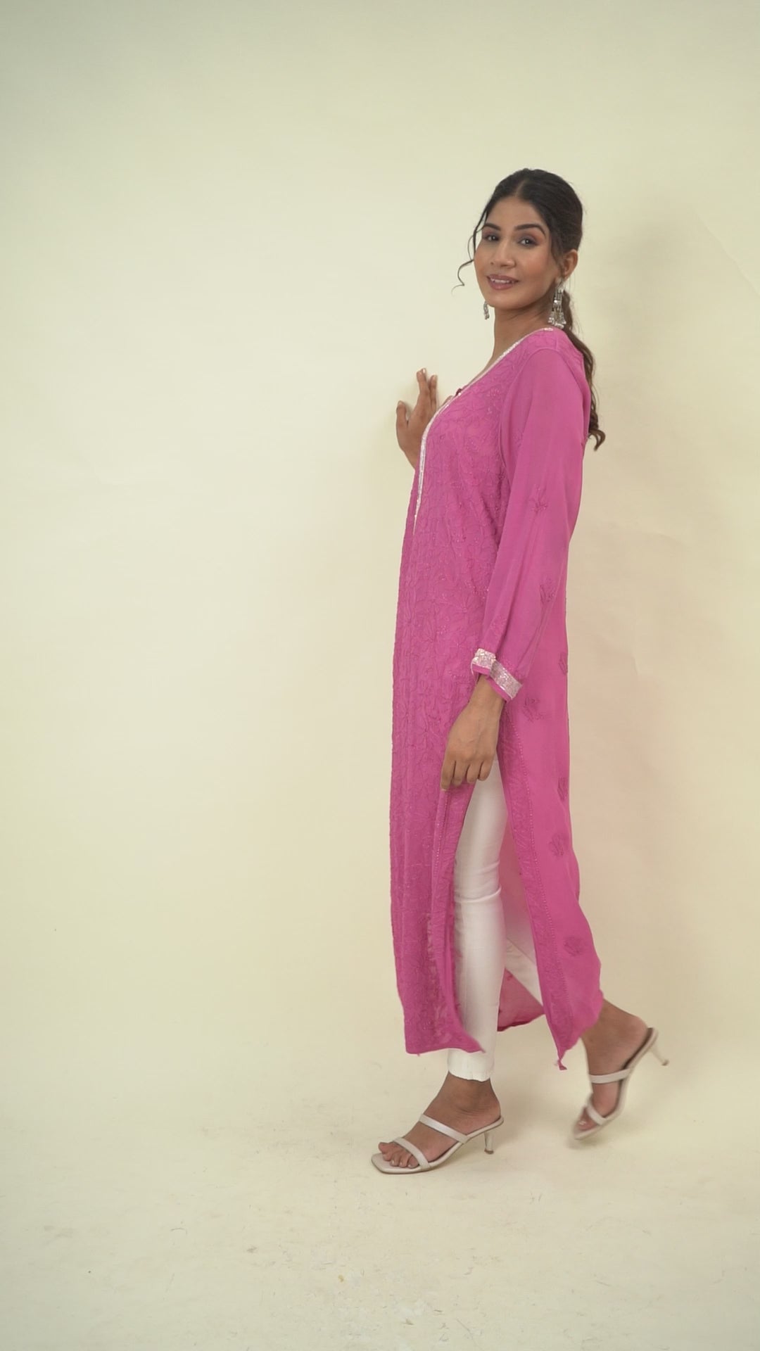 Pink chikankari long kurta
