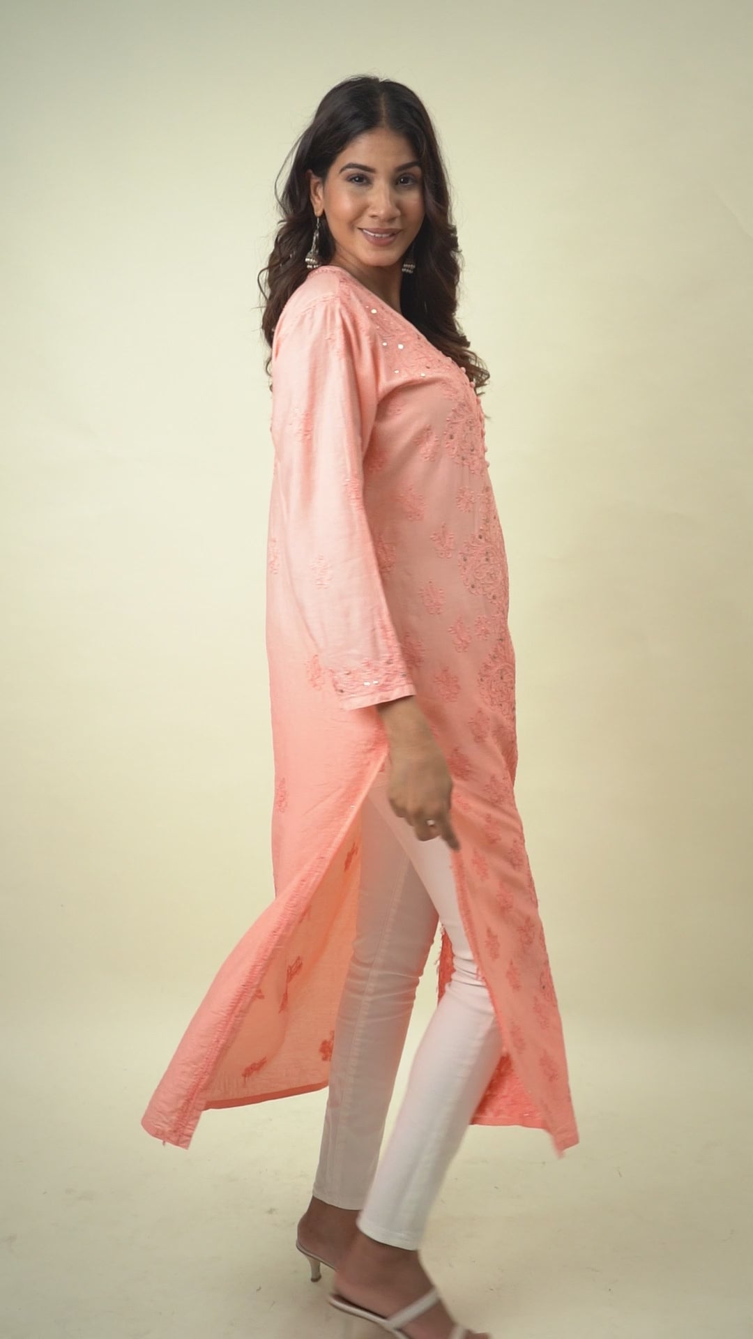 peach mukesh work kurta