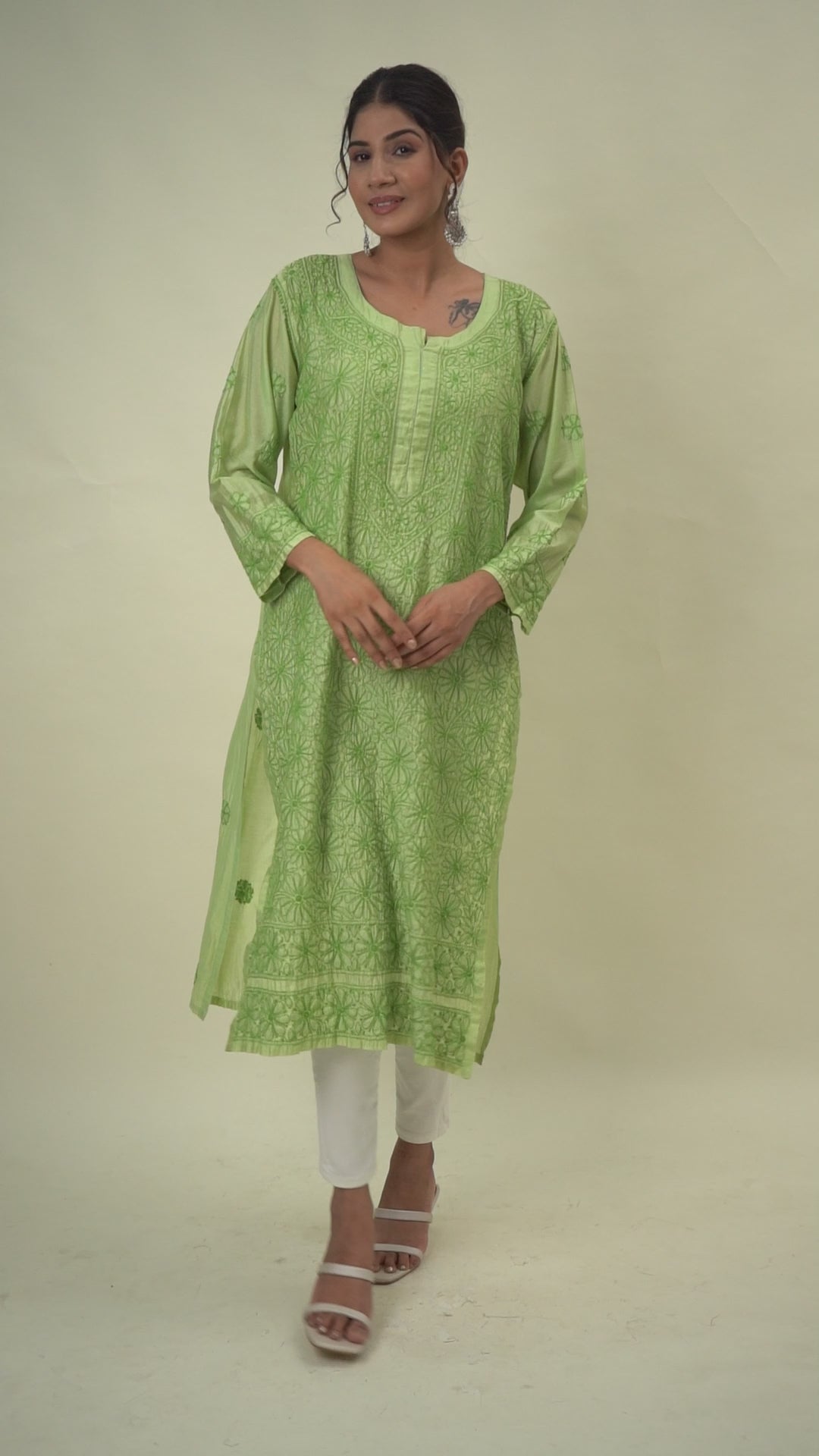 Green chikankari long kurta