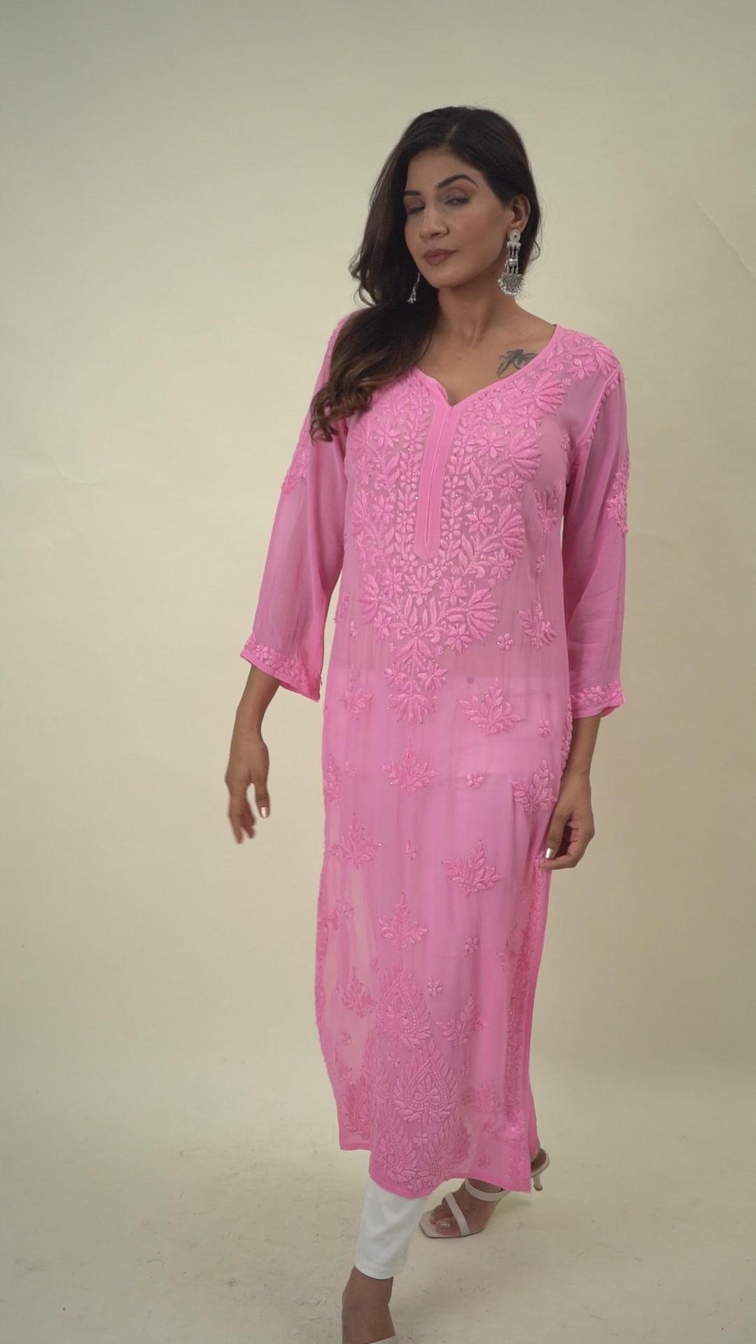 Pink chikankari long kurta