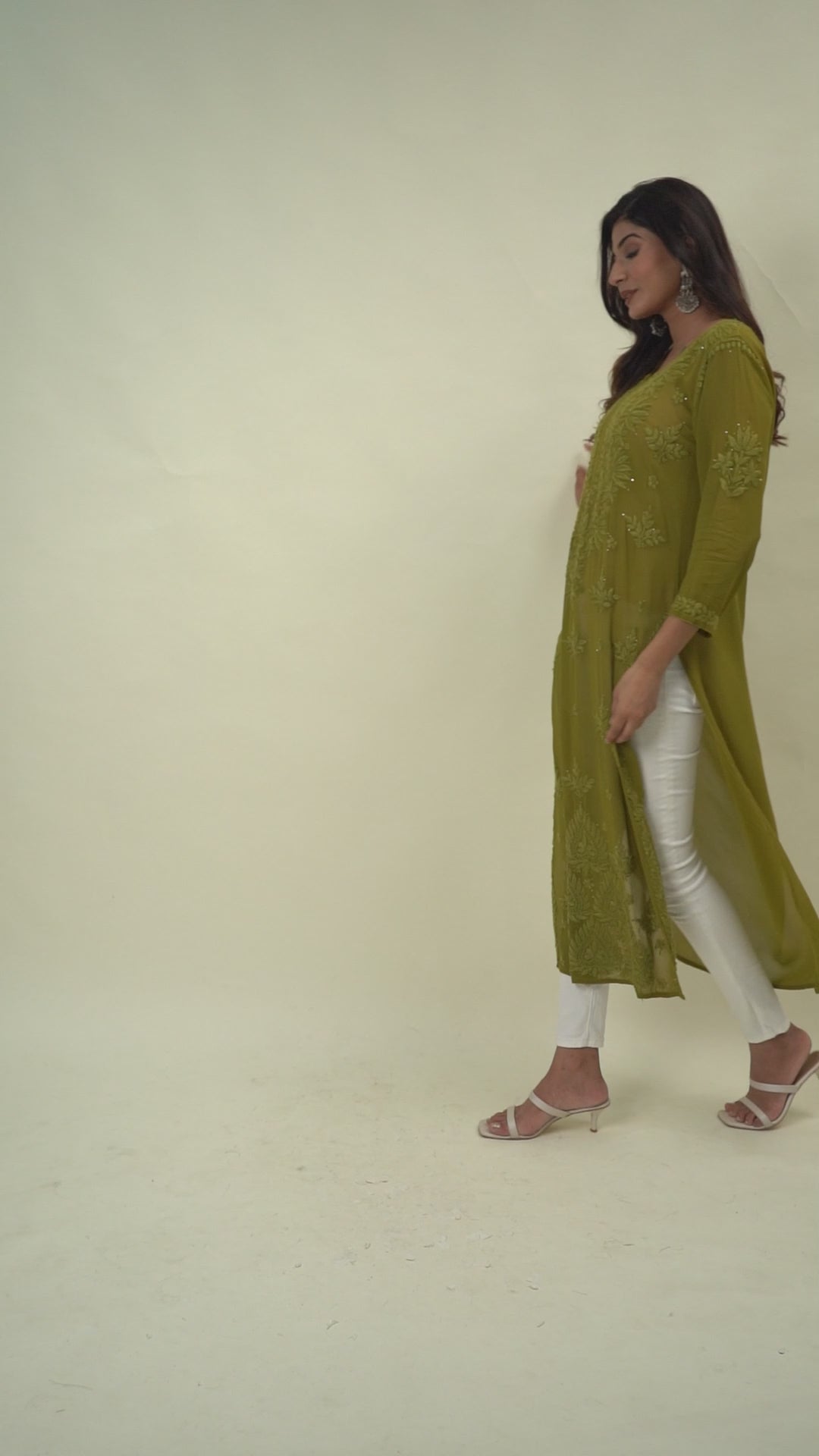 Mehendi green chikankari long kurta